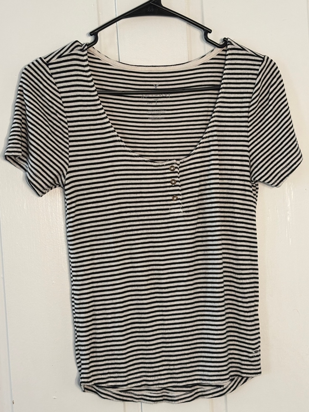 American Eagle Soft and Sexy Black and White Striped Scoop Neck Henley Tee Y2K